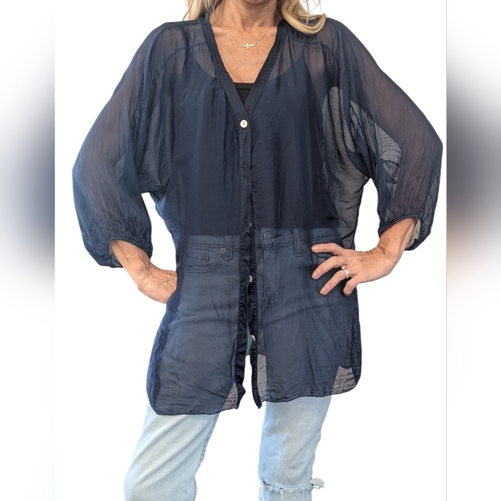 Le Marais Paris 100% Silk Sheer Tunic Top Blouse Navy Made in Italy Size S
